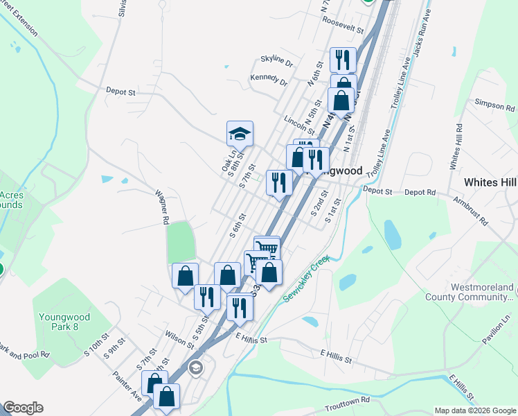 map of restaurants, bars, coffee shops, grocery stores, and more near 27 South 5th Street in Youngwood