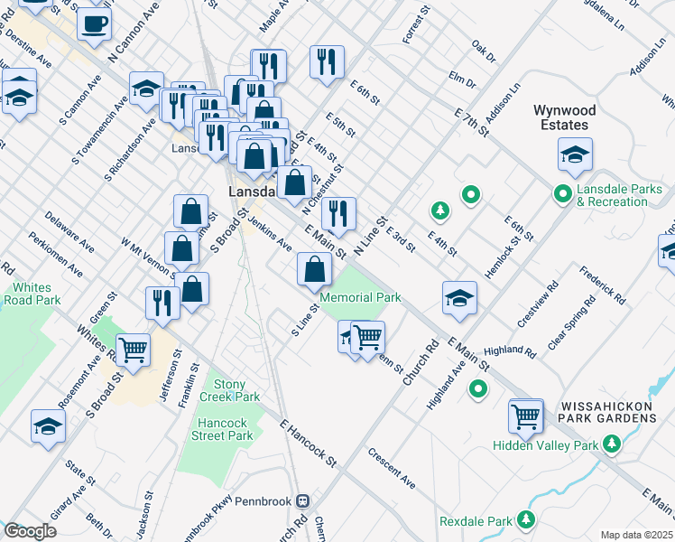 map of restaurants, bars, coffee shops, grocery stores, and more near 20 South Line Street in Lansdale