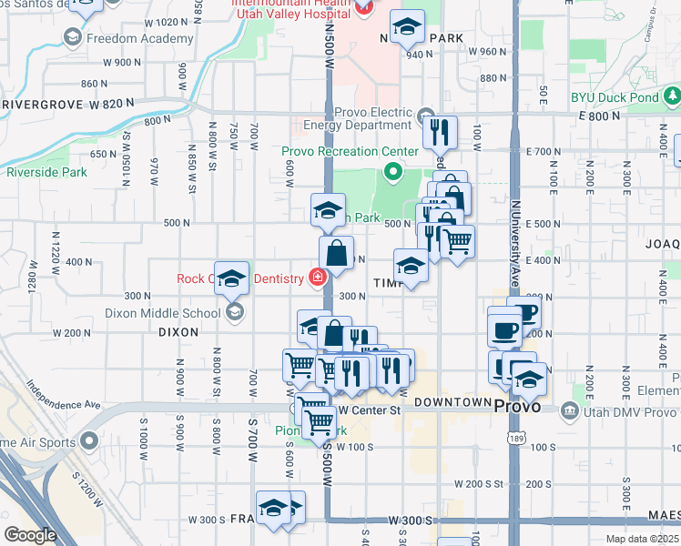 map of restaurants, bars, coffee shops, grocery stores, and more near 372 North 500 West in Provo