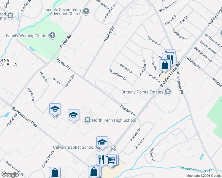 map of restaurants, bars, coffee shops, grocery stores, and more near 100 Snyder Road in Lansdale
