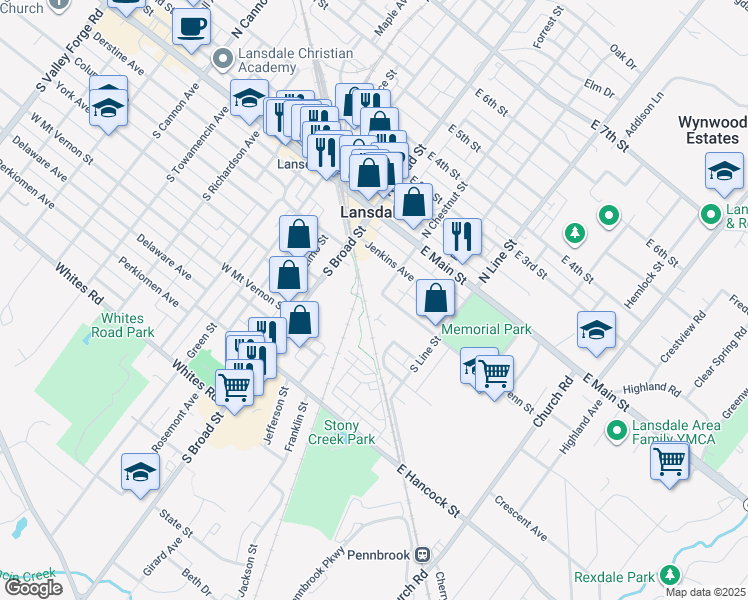 map of restaurants, bars, coffee shops, grocery stores, and more near 200 South Chestnut Street in Lansdale
