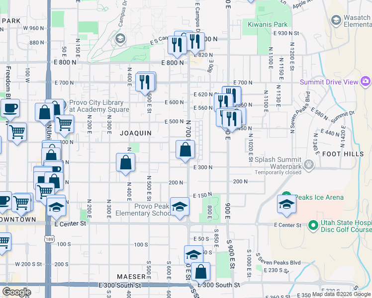 map of restaurants, bars, coffee shops, grocery stores, and more near 392 700 East in Provo