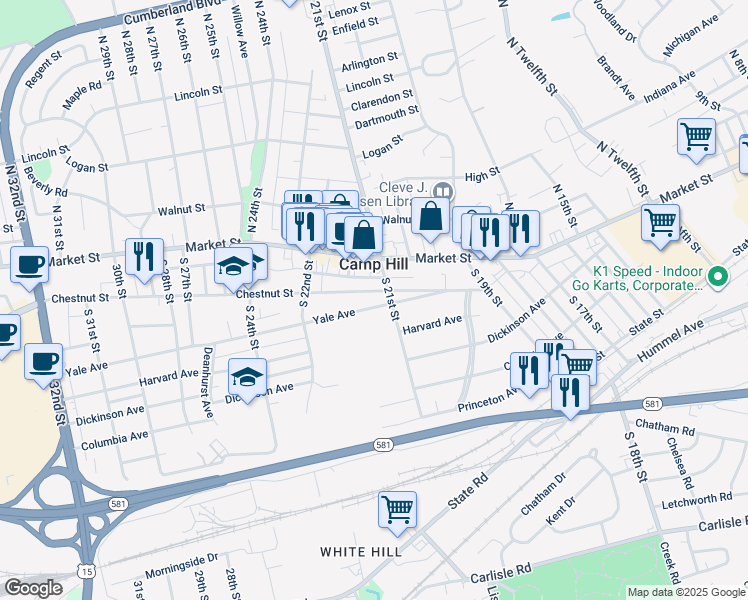 map of restaurants, bars, coffee shops, grocery stores, and more near 2113 Chestnut Street in Camp Hill