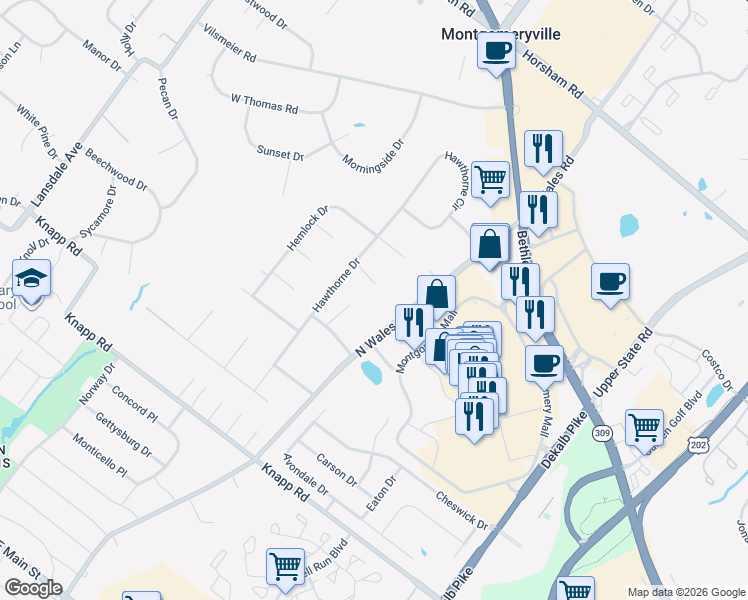 map of restaurants, bars, coffee shops, grocery stores, and more near 109 Azalea Place in North Wales
