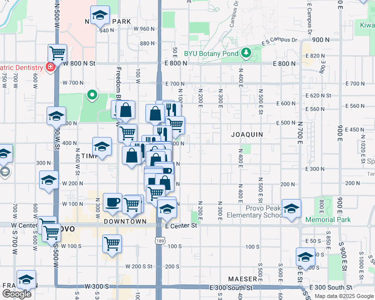 map of restaurants, bars, coffee shops, grocery stores, and more near 136 East 400 North in Provo