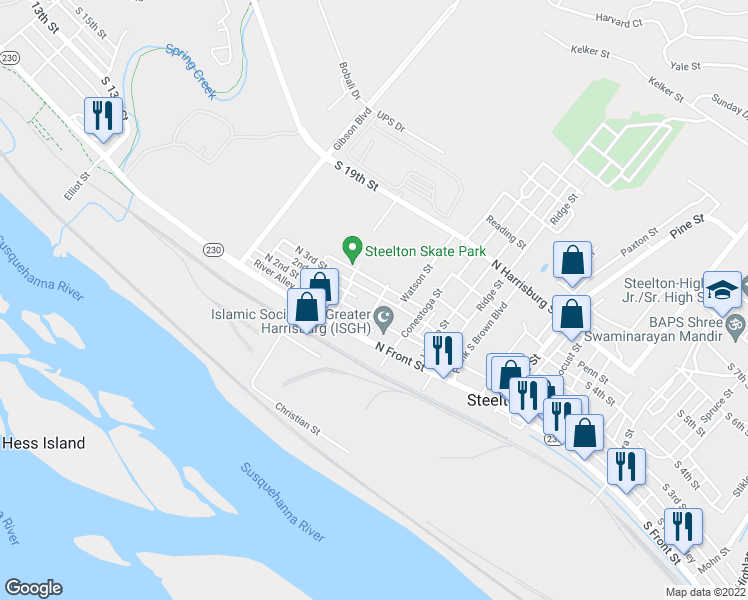 map of restaurants, bars, coffee shops, grocery stores, and more near 227 Jefferson Street in Steelton