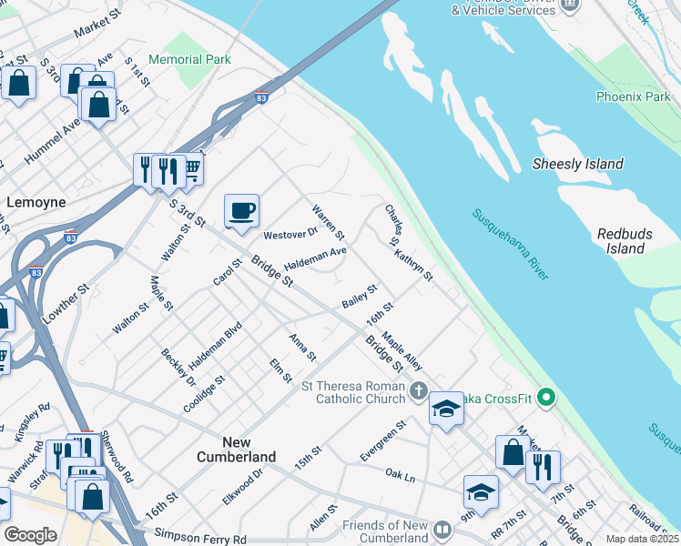 map of restaurants, bars, coffee shops, grocery stores, and more near 2 Haldeman Court in New Cumberland