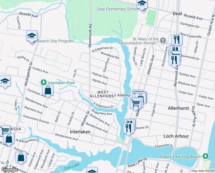 map of restaurants, bars, coffee shops, grocery stores, and more near 510 Staffa Street in Allenhurst