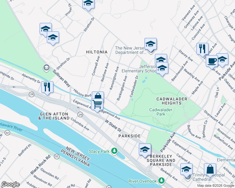 map of restaurants, bars, coffee shops, grocery stores, and more near 5 Buckingham Avenue in Trenton