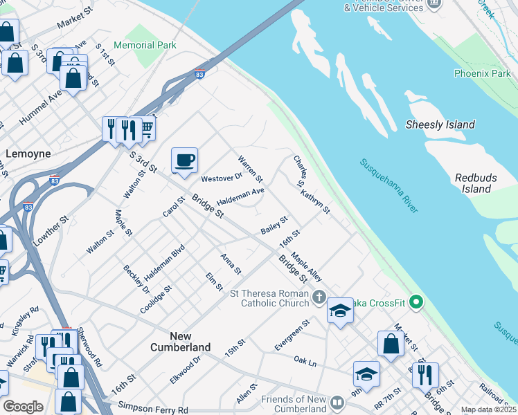 map of restaurants, bars, coffee shops, grocery stores, and more near 2 Haldeman Court in New Cumberland