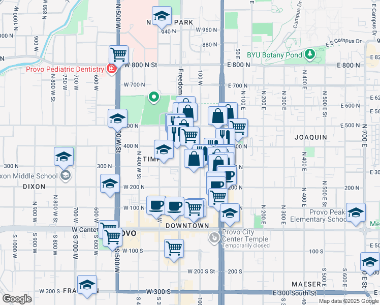map of restaurants, bars, coffee shops, grocery stores, and more near 350 North Freedom Boulevard in Provo