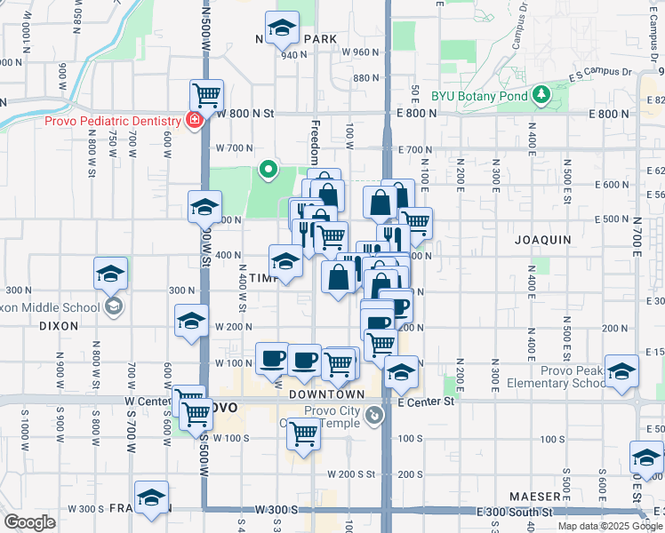 map of restaurants, bars, coffee shops, grocery stores, and more near 350 North Freedom Boulevard in Provo