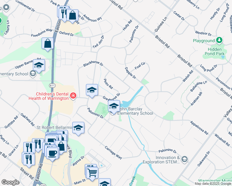 map of restaurants, bars, coffee shops, grocery stores, and more near 2105 Pinto Road in Warrington