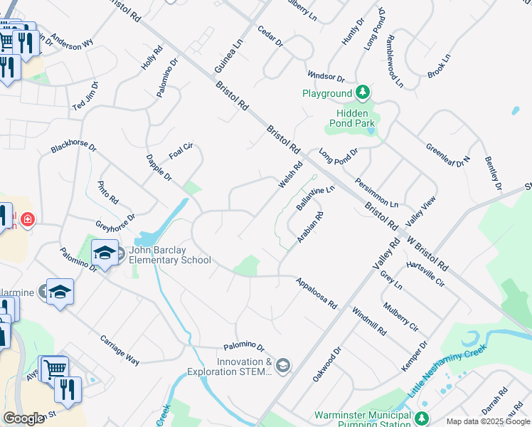 map of restaurants, bars, coffee shops, grocery stores, and more near 1255 Welsh Road in Warrington