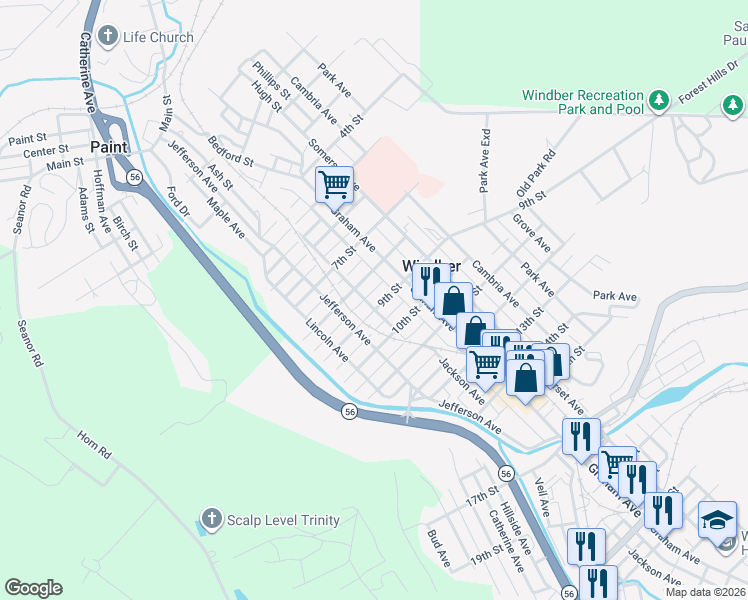 map of restaurants, bars, coffee shops, grocery stores, and more near 411 9th Street in Windber