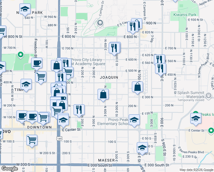 map of restaurants, bars, coffee shops, grocery stores, and more near 378 North 400 East in Provo