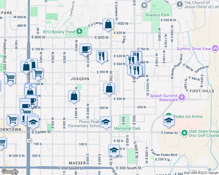 map of restaurants, bars, coffee shops, grocery stores, and more near 392 700 East in Provo