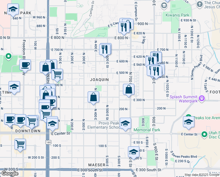 map of restaurants, bars, coffee shops, grocery stores, and more near 394 North 500 East in Provo