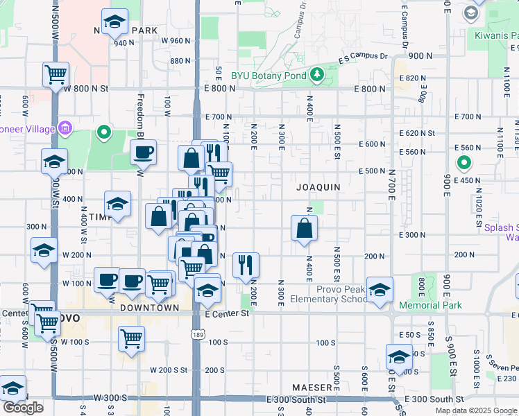 map of restaurants, bars, coffee shops, grocery stores, and more near 387 North 200 East in Provo