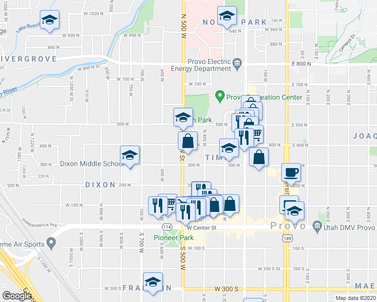 map of restaurants, bars, coffee shops, grocery stores, and more near 385 North 500 West Street in Provo