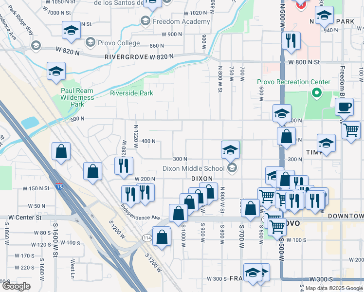 map of restaurants, bars, coffee shops, grocery stores, and more near 397 North 1000 West in Provo