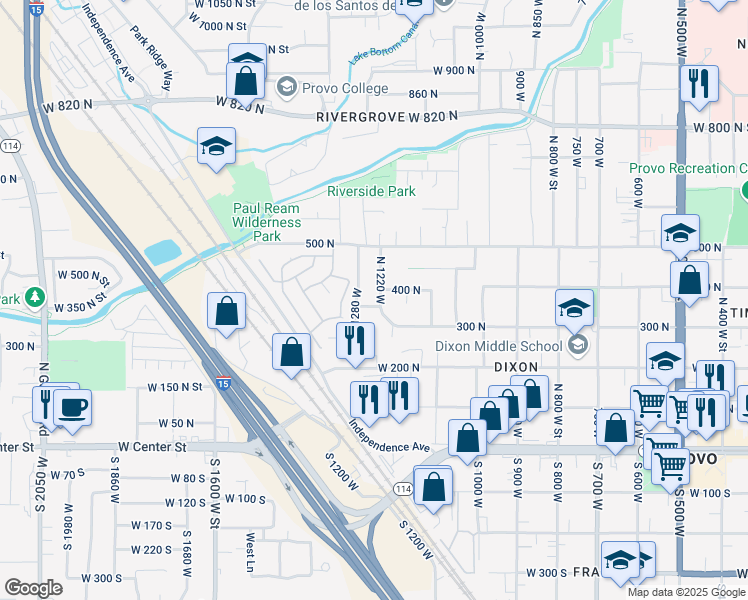 map of restaurants, bars, coffee shops, grocery stores, and more near 378 1280 West in Provo