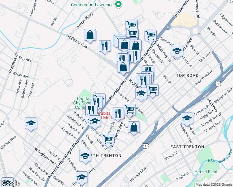 map of restaurants, bars, coffee shops, grocery stores, and more near 1401 Princeton Avenue in Ewing Township