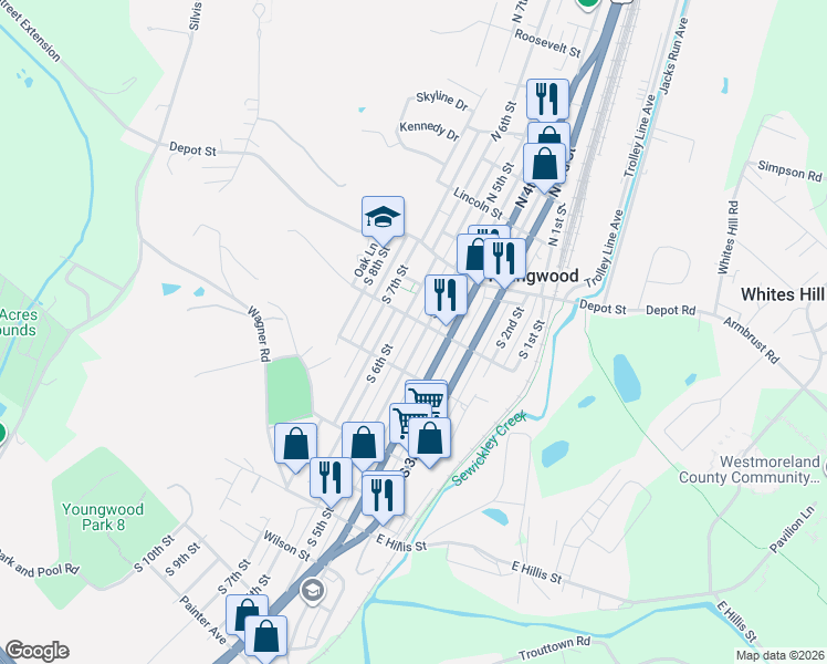 map of restaurants, bars, coffee shops, grocery stores, and more near 27 South 5th Street in Youngwood