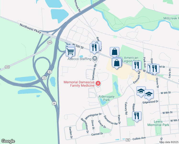 map of restaurants, bars, coffee shops, grocery stores, and more near 201 Residence Drive in Marysville