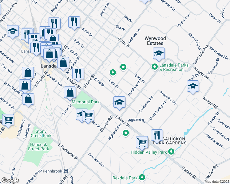 map of restaurants, bars, coffee shops, grocery stores, and more near 439 East 3rd Street in Lansdale