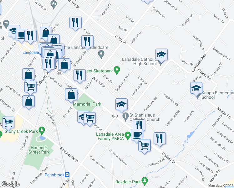 map of restaurants, bars, coffee shops, grocery stores, and more near 439 East 3rd Street in Lansdale