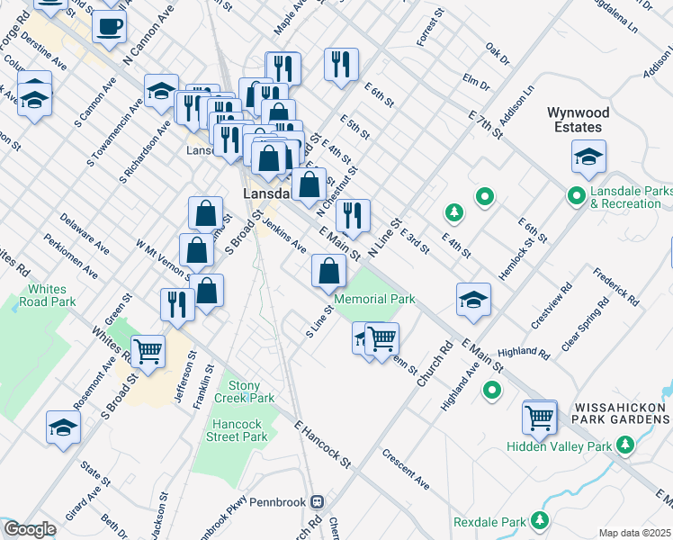 map of restaurants, bars, coffee shops, grocery stores, and more near 159 Jenkins Avenue in Lansdale