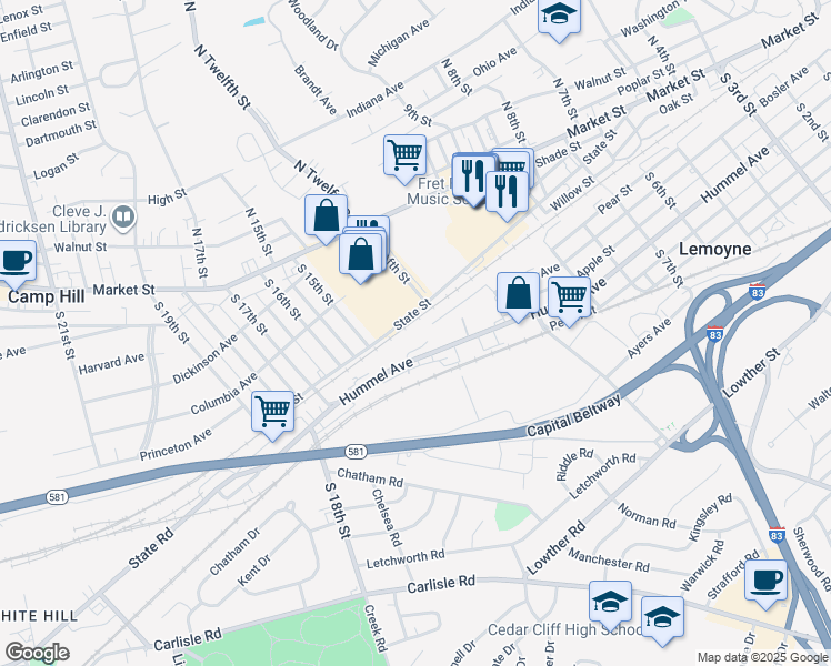 map of restaurants, bars, coffee shops, grocery stores, and more near 1001 Bosler Avenue in Lemoyne