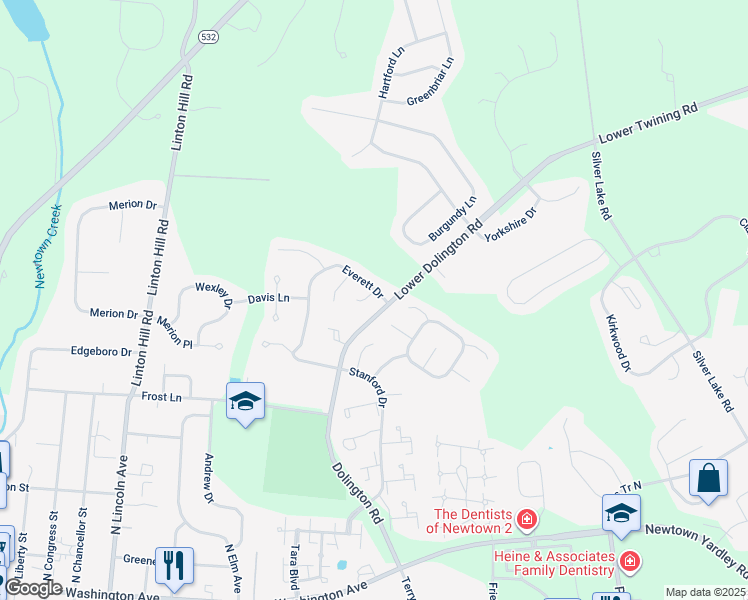 map of restaurants, bars, coffee shops, grocery stores, and more near 1 Craig Court in Newtown