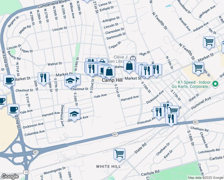 map of restaurants, bars, coffee shops, grocery stores, and more near 2113 Chestnut Street in Camp Hill