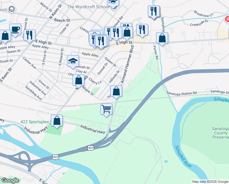 map of restaurants, bars, coffee shops, grocery stores, and more near 141 Rose Court in Pottstown