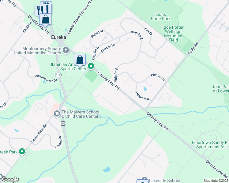 map of restaurants, bars, coffee shops, grocery stores, and more near 1333 County Line Road in North Wales