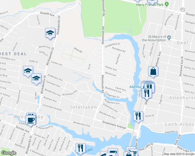 map of restaurants, bars, coffee shops, grocery stores, and more near 708 Corlies Avenue in Allenhurst