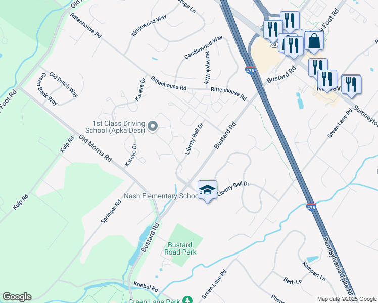 map of restaurants, bars, coffee shops, grocery stores, and more near 410 Independence Drive in Harleysville