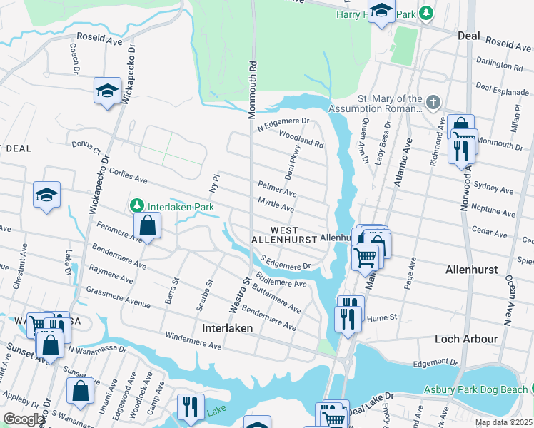 map of restaurants, bars, coffee shops, grocery stores, and more near 618 Myrtle Avenue in Allenhurst