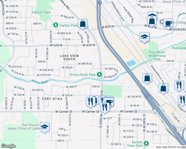 map of restaurants, bars, coffee shops, grocery stores, and more near 392 North 2150 West in Provo