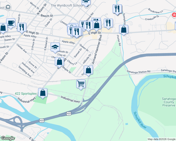 map of restaurants, bars, coffee shops, grocery stores, and more near 141 Rose Court in Pottstown