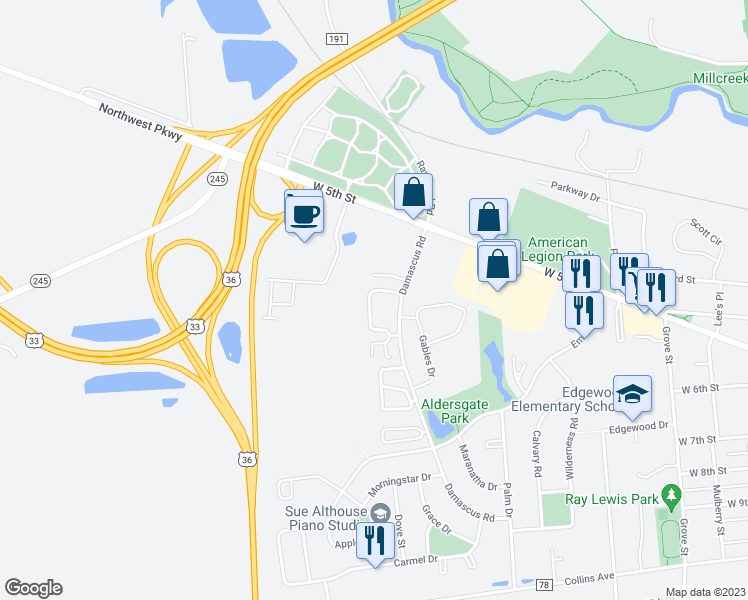 map of restaurants, bars, coffee shops, grocery stores, and more near 215 Residence Drive in Marysville