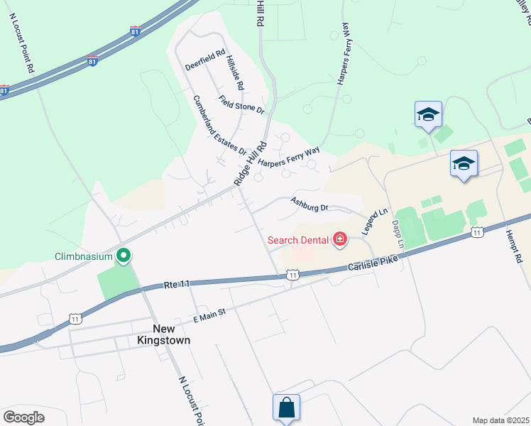 map of restaurants, bars, coffee shops, grocery stores, and more near 1 Ashburg Drive in Mechanicsburg