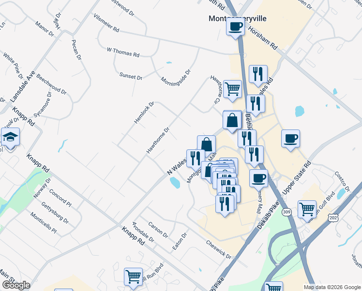 map of restaurants, bars, coffee shops, grocery stores, and more near 109 Azalea Place in North Wales