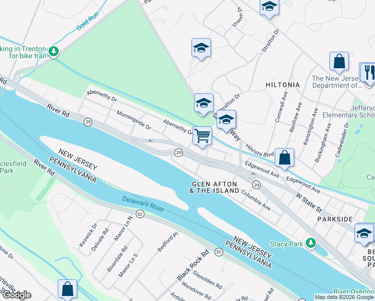 map of restaurants, bars, coffee shops, grocery stores, and more near Sanhican Drive in Trenton