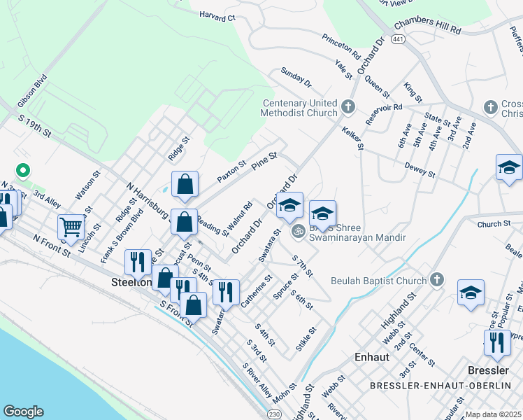 map of restaurants, bars, coffee shops, grocery stores, and more near 120 Reynders Street in Steelton