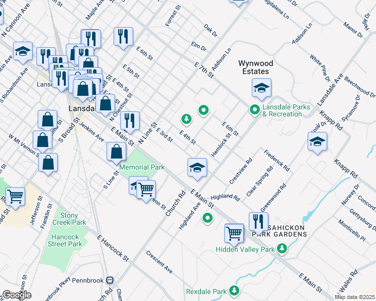 map of restaurants, bars, coffee shops, grocery stores, and more near 433 East 3rd Street in Lansdale