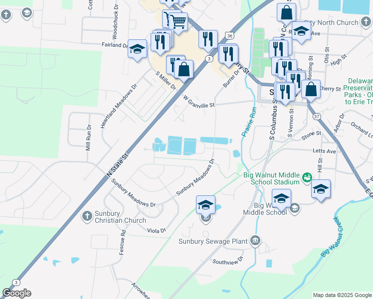 map of restaurants, bars, coffee shops, grocery stores, and more near 2107 Common Bent Drive in Sunbury