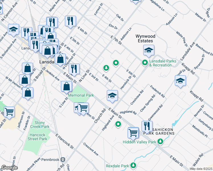 map of restaurants, bars, coffee shops, grocery stores, and more near 433 East 3rd Street in Lansdale